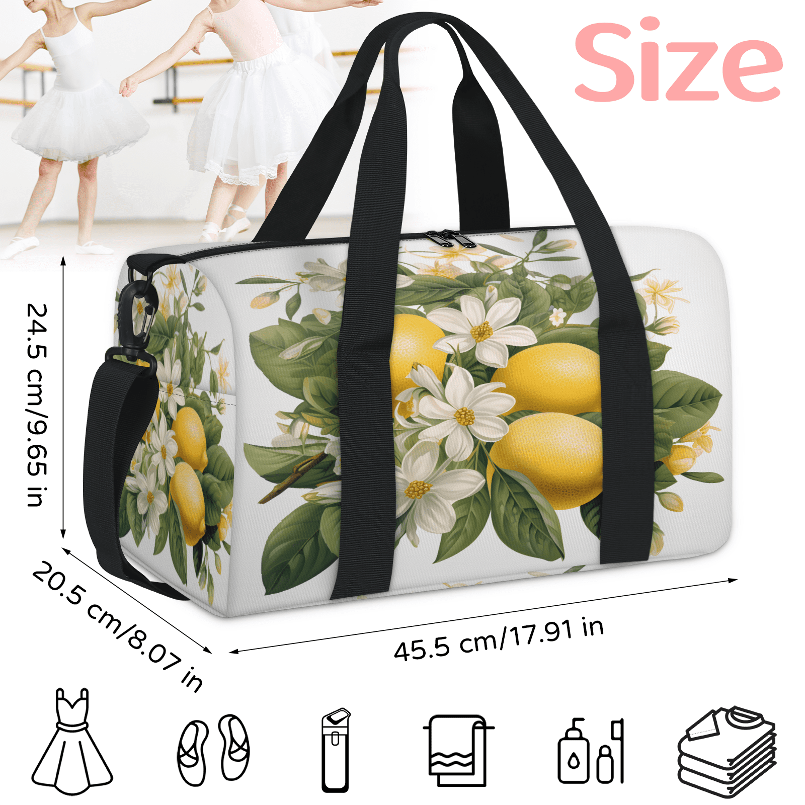 Herdesigns Lemon Flower Gym Bag for Women, Duffle Bag for Travel Sport, Lightweight Waterproof Carry on Weekender Overnight Dance Yoga Workout Bags