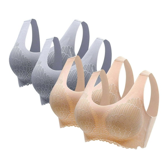 WIZUTIZ Lace Bralettes for Women Wireless Bras for Women 4PCS Supportive Bralette Wireless Deep Cup Lightweight Full Coverage Bras Solid Hollow Out Underwear for Older Women Tiktok Trend Items L Beige