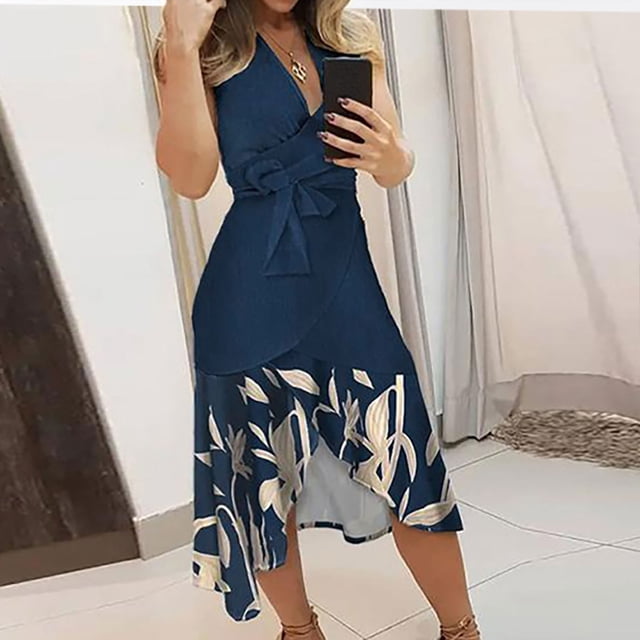 Lenago Robes d'Été Grande Taille pour Femmes 2023 Invitée de Mariage Robe Sans Manches à Imprimé Col en V à Laçage Ajustée Ourlet Irrégulier (Inclut Ceinture) Robes de Fête de Plage en Liquidation