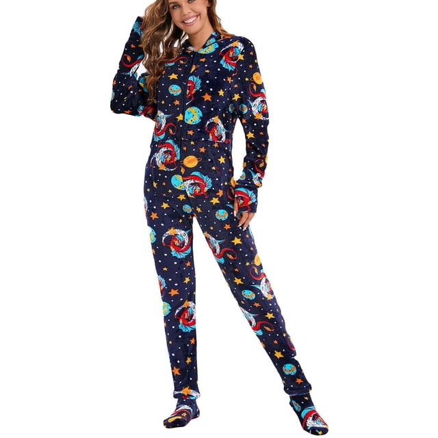 Pijama de una pieza con capucha y cremallera para mujer, de forro polar cálido y suave, con capucha y pies, para invierno.