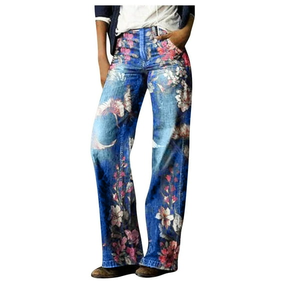 ZHOGXU Women Jeans High Waisted Flower Print Straight Leg Stretchable Fashionable Denim Pants Trousers With Pockets For Daily Wear Blue L