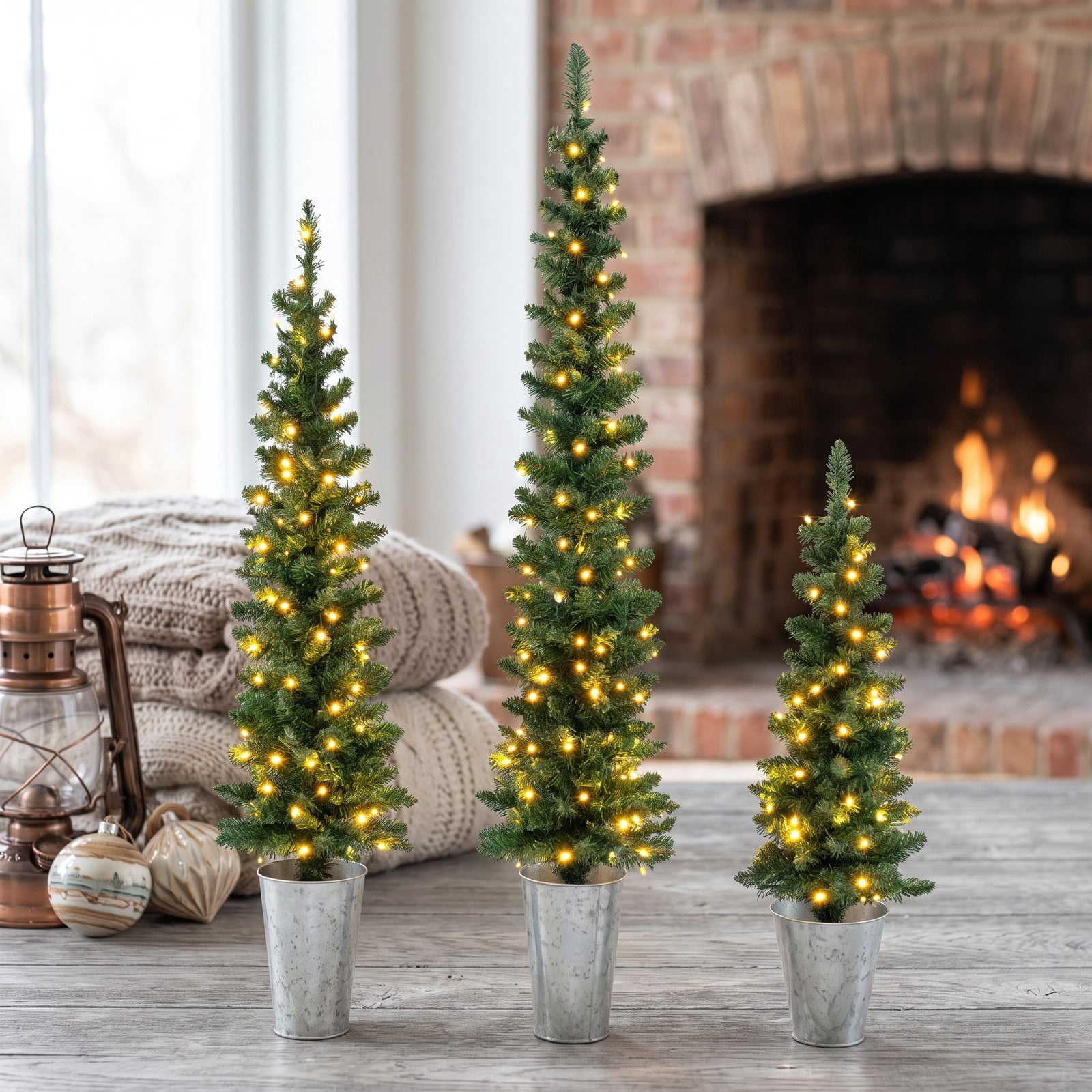 RUIE Set of 3 Pre-Lit Artificial Christmas Trees, 3 FT Tabletop Xmas Trees with 230 Warm White LED Lights, Auto Timer, Weighted Metal Base, PVC Holiday Decor, Green