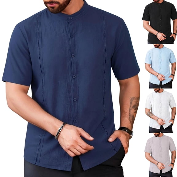 UVEASISHA Mens Summer Linen Shirts Casual Short Sleeve Button Down Shirt Classic Fit Lightweight Collarless Beach Shirts Stylish Tops Black L