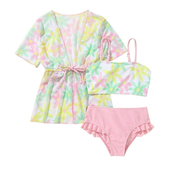 Bikinis pour Tout-Petites Filles avec Paréo 3 Pcs Manches Longues Maillot de Bain Protection Solaire Tenue de Bain Maillots de Bain Taille 4-5T