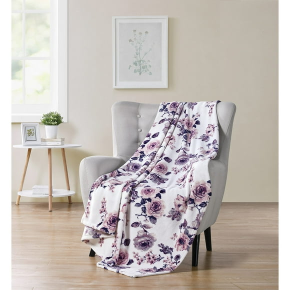 Hudson Essex Lively Rose Plush Throw Blanket, Purple-Multi, 50x70 Inches