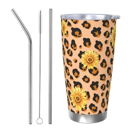 

20oz Straw Three-Piece Set Car Cup For The Coffee Shop Office Car Sports Home Easy To Carry Out Leopard Spots And Sunflower