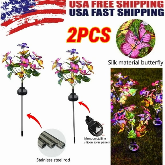 2Pcs Butterfly Solar Stake Lights Outdoor Garden Landscape Lamp Decor Waterproof
