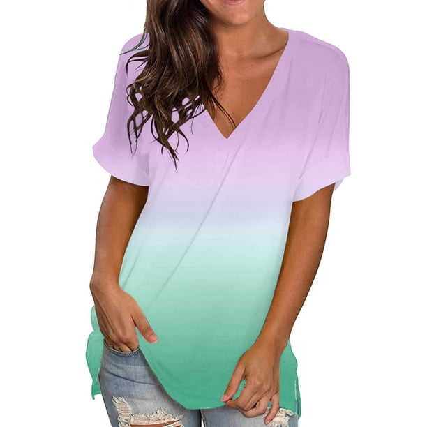 Gibobby Playera TéRmica Ligera Mujeres Casual Summer Tops Floral de manga corta V cuello Tee T Camisa Lados sueltos Tunic dividido(Verde, XXL)