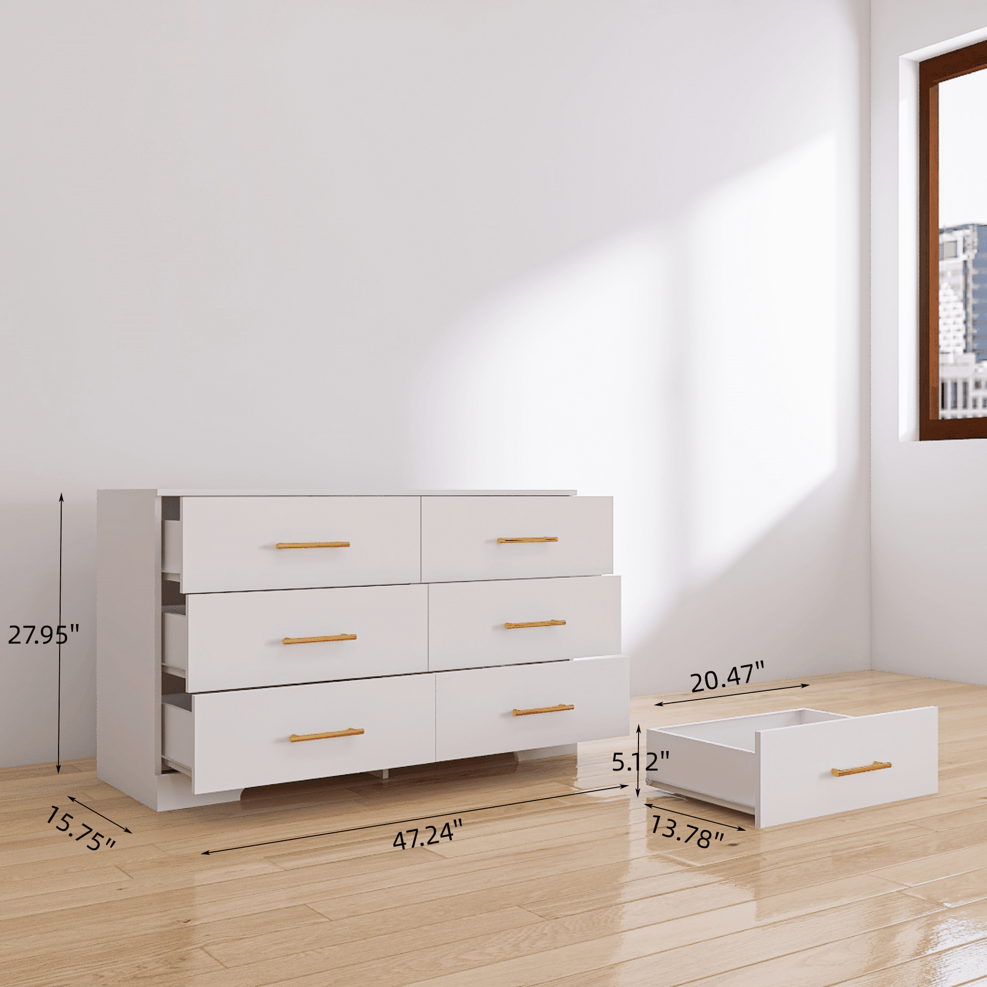 Kadyn 6 Drawer Dresser, Modern White Dresser with 6 Drawers and Gold Handle, Storage Chest of Drawers for Bedroom, Living Room, Hallway, Entryway