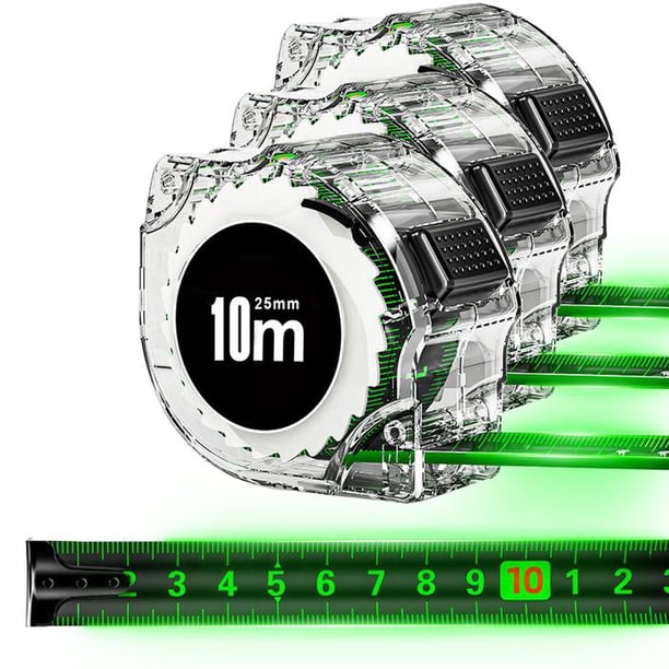 Cinta Métrica Resistente FlexGlow 3 Pzas 10mx25mm ABS y Acero al Carbono Negro y Verde.