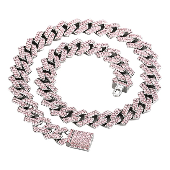 Pink Dog Chain Necklace with Diamond, Bling Cuban Link Puppy Collars Glitter Rhinestone Cat Jewelry for Small Medium Large Pet Dogs, 8-Inch