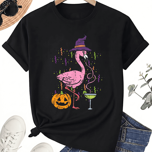 KeHetSoft Unisex Halloween Flamingo Witch Cotton Graphic T-Shirt
