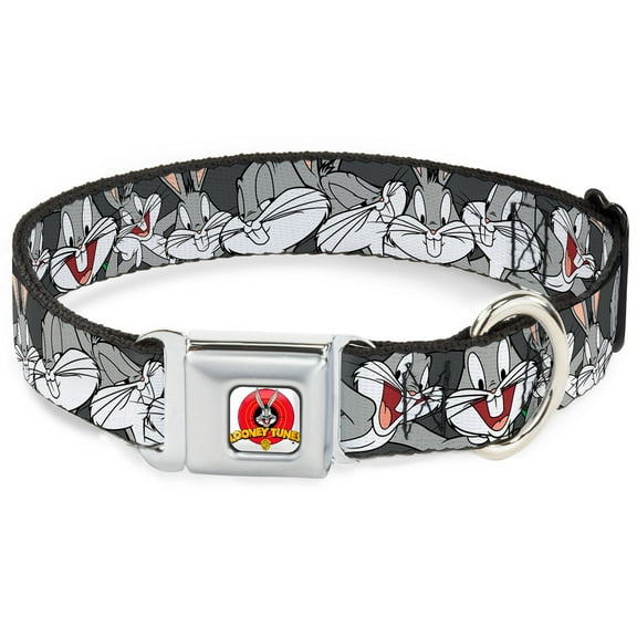 Looney Tunes Pet Collar, Dog Collar Metal Seatbelt Buckle, Bugs Bunny Close Up Poses Charcoal, 15 to 24 Inches 1.0 Inch Wide