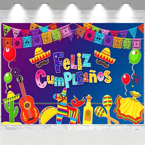 Mexican Feliz Cumpleaños Backdrop Purple Blue Guitar Hat Cactus Mexican Spanish Theme Banner Mexican Fiesta Birthday Party Decorations Background