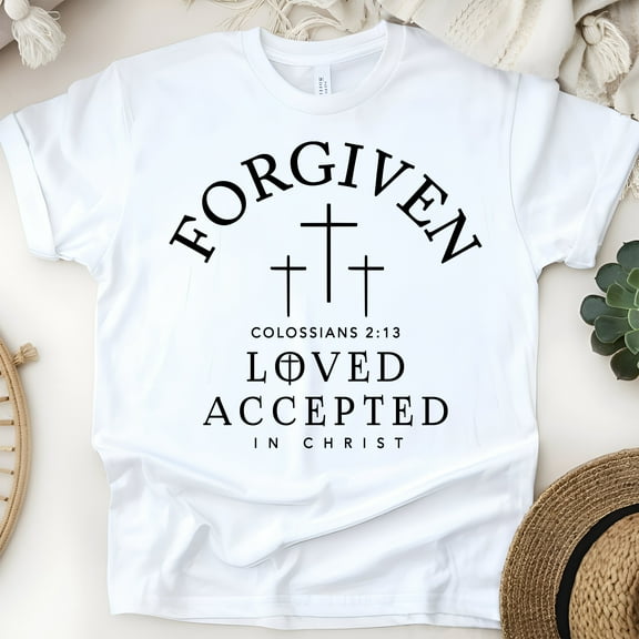 Forgiven Loved Accepted Shirt – Colossians 2:13 Christian Bible Verse Tee, White, Size S