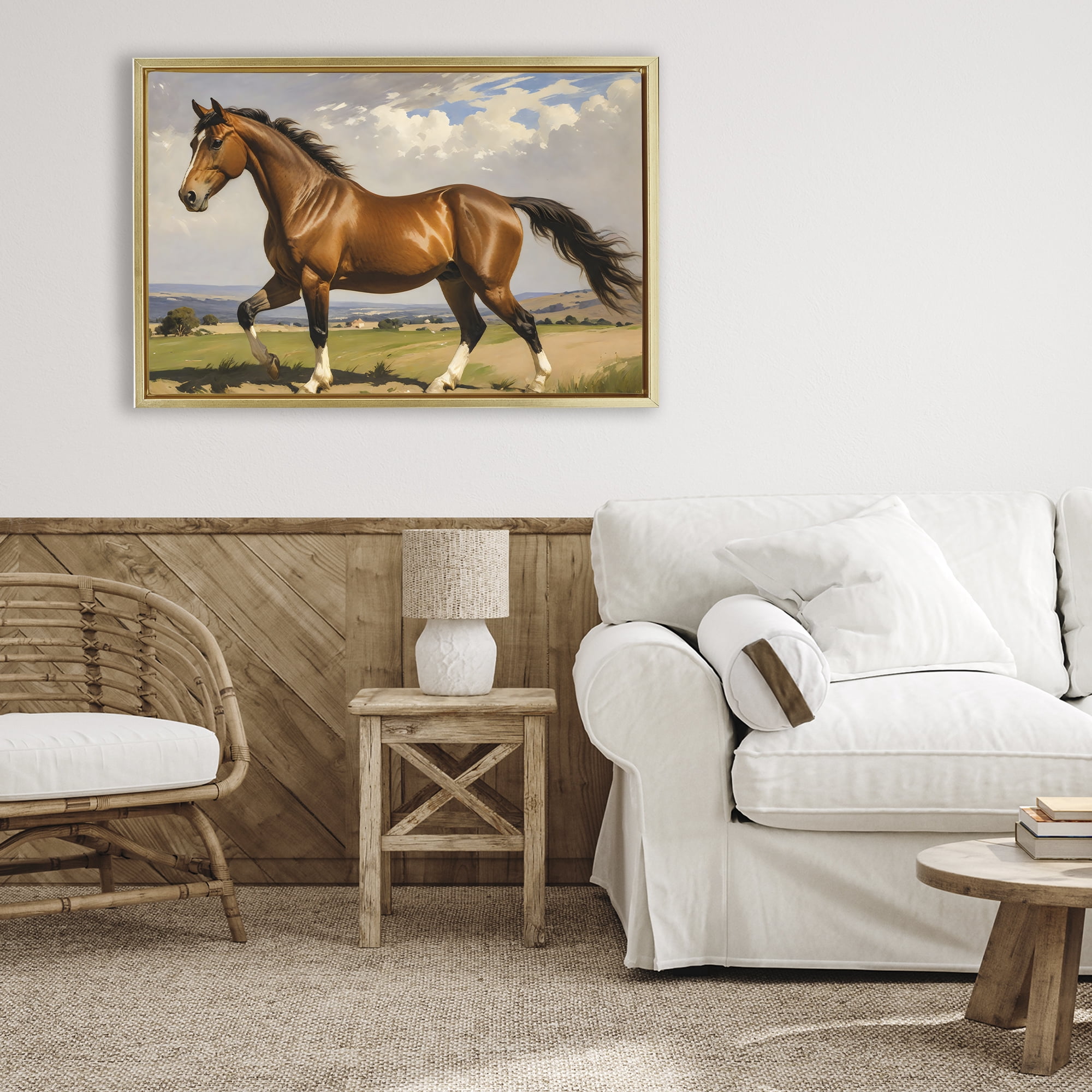 Stupell Industries Trotting Horse in Field Gold Framed Floater Canvas Wall Art, design by Creative Studio