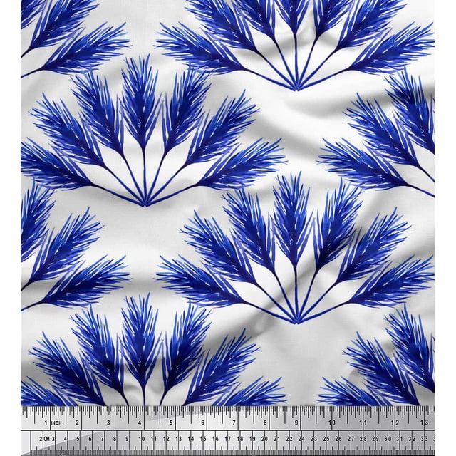 Soimoi Blue polyester Crepe Fabric Pine Leaves Decor Fabric Printed Yard 42 Inch Wide
