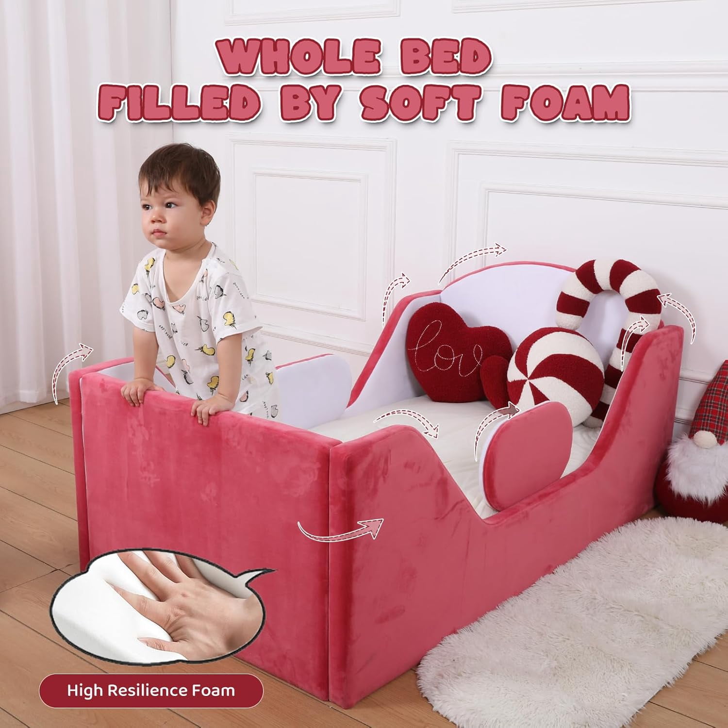 Weeonekids Toddler Bed Round, Toddler Bed with Rail and Round headboard, Standard Crib Size Toddler Upholstered Bed for Children 18 Months to 6 Years,Toddler Floor Bed (No Mattress)