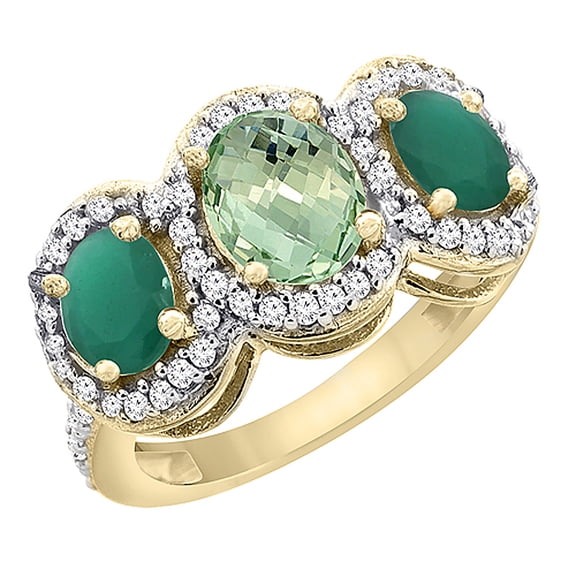 14K Yellow Gold Natural Green Amethyst & Emerald 3-Stone Ring Oval Diamond Accent, size 5