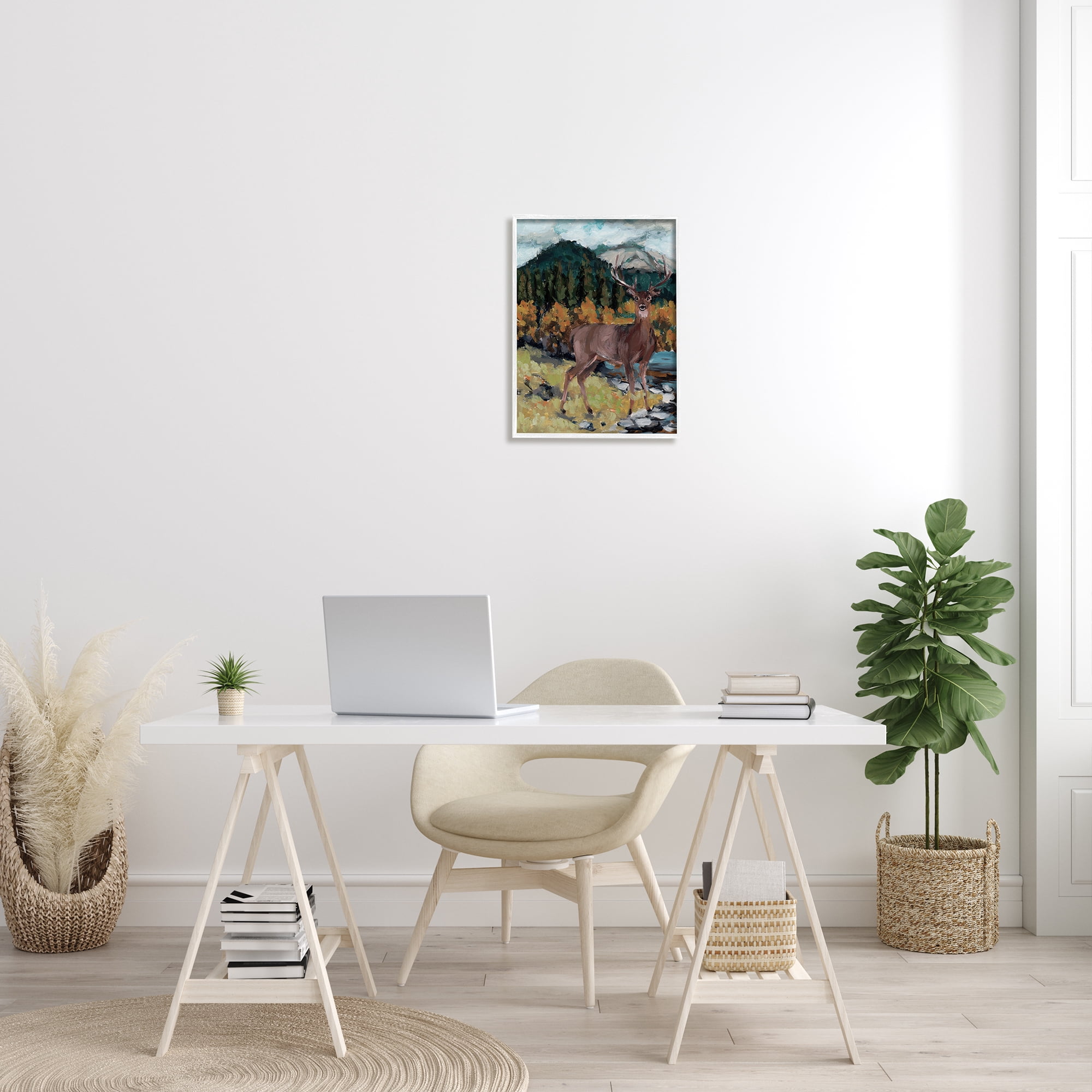 Stupell Deer Wildlife River Landscape Animals & Insects Painting White Framed Art Print Wall Art