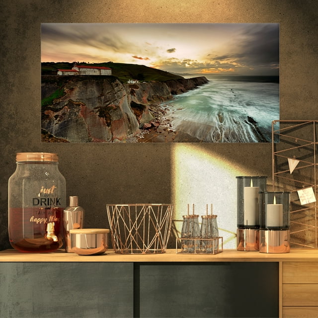 Ocean Hitting Rocky Hill - Seashore Photo Canvas Art Print
