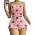 thumbnail image 1 of Women's Heart Design Two-Piece Sleep Set - Adjustable Spaghetti Strap Top & Shorts Loungewear, Comfortable Polyester Pajama Set for Weekend Mornings & Relaxing, Pink/White, M, 1 of 8