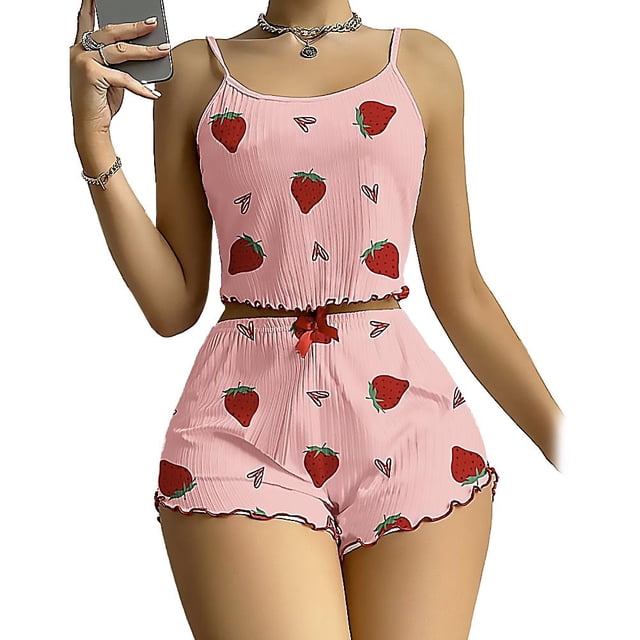 Women's Heart Design Two-Piece Sleep Set - Adjustable Spaghetti Strap Top & Shorts Loungewear, Comfortable Polyester Pajama Set for Weekend Mornings & Relaxing, Pink/White, M