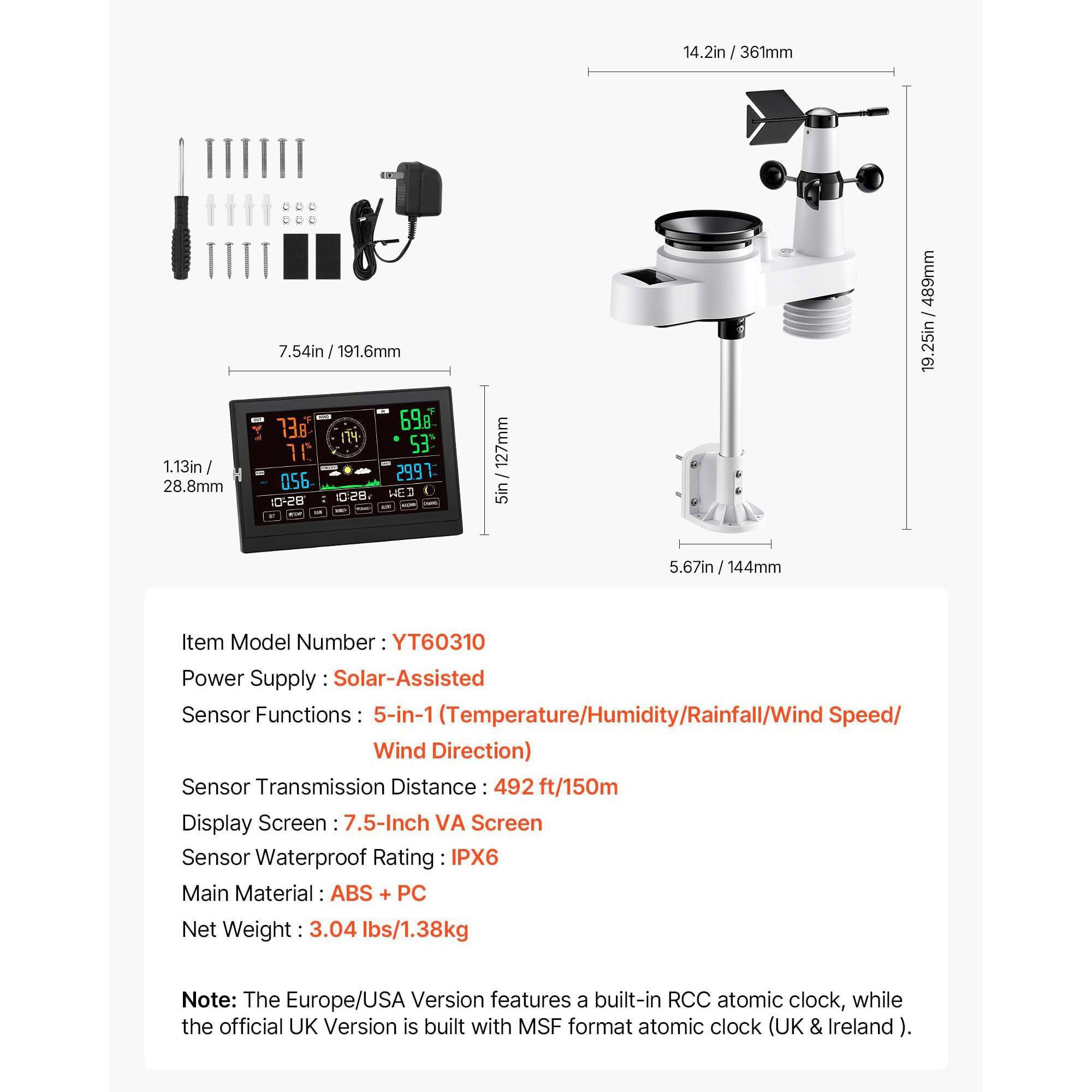 Wireless Weather Station 5-in-1 7.5 Inch Display Solar Powered for Home Garden Farm