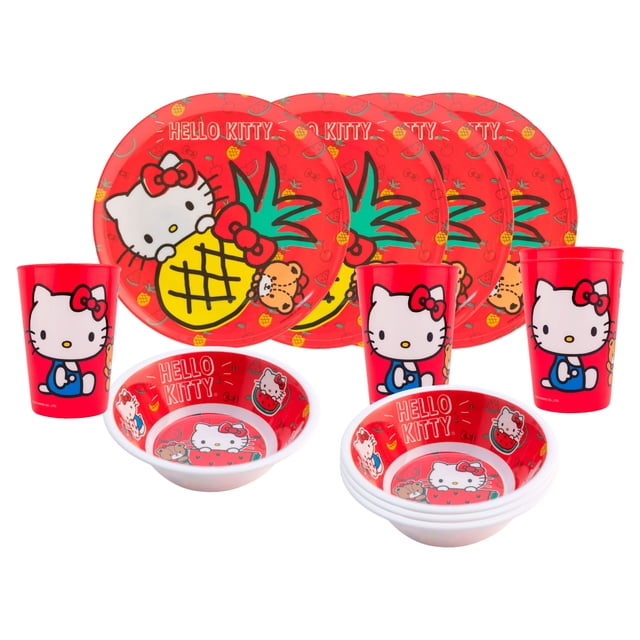 Vajilla Infantil Plástico 12 Piezas para 4 Personas, Diseño Hello Kitty, Sanrio, Incluye: Plato Trinche, Tazón y Vaso 300 ml, Color Rojo