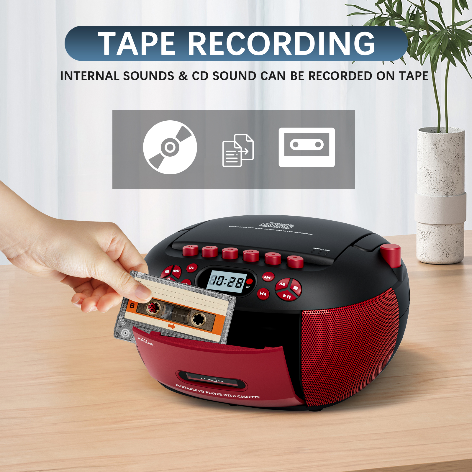 LC-dolida CD Player Boombox, Portable Cassette Player Combo with Bluetooth CD MP3 CD-R CD-R FA Radio AC/DC Powered with Remote Control, Stereo Sound for Home, Kids ,Outdoor, Gift(Red)