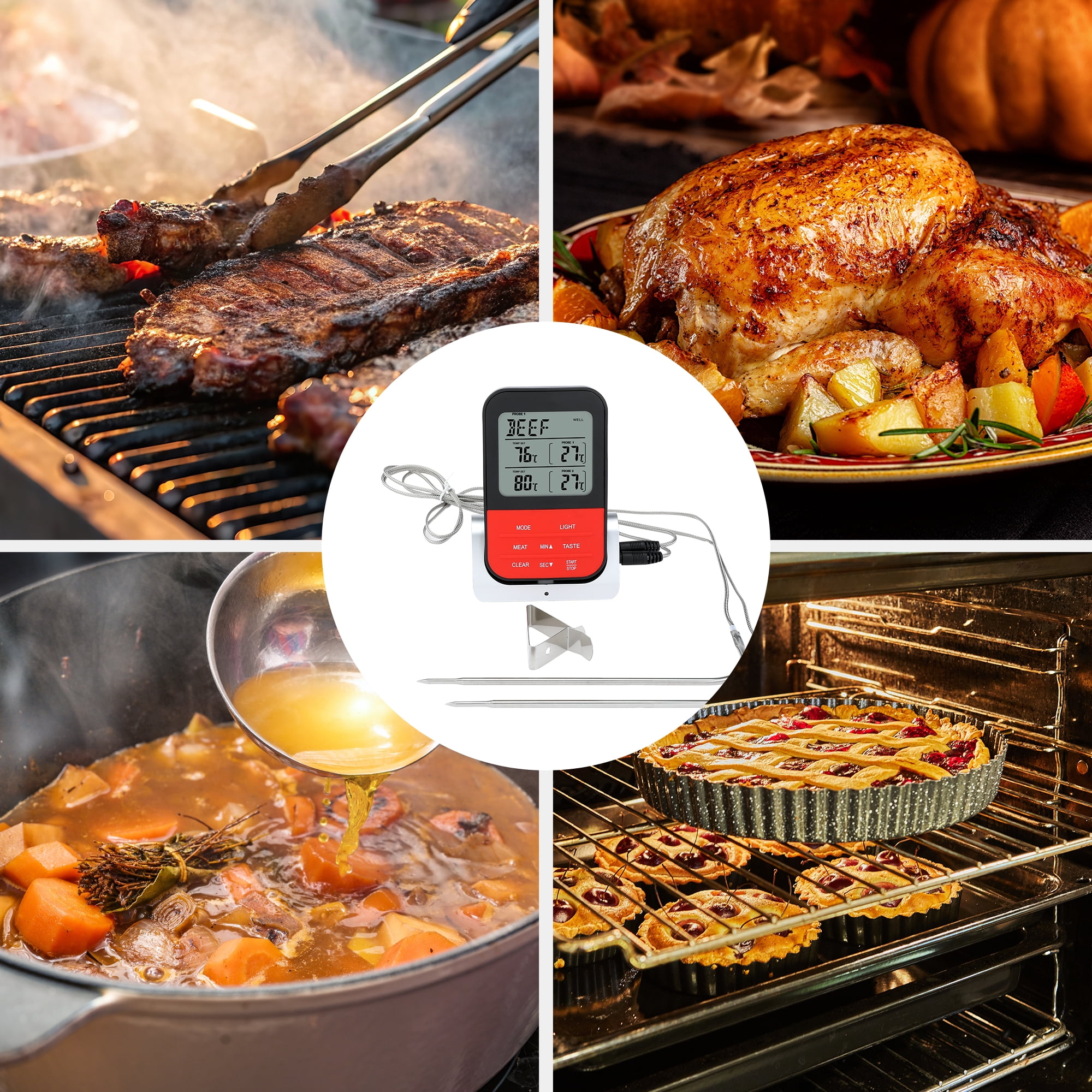 Unique Bargains Digital Meat Thermometer with 2 Probes and LCD Silver Curved Needle