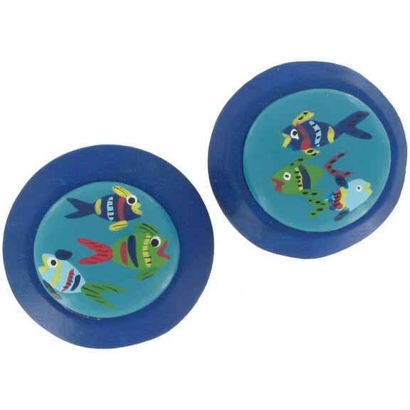 Large Blue Tropical Fish Clip On Wooden Oversized Button Earrings 1 5/8" Ladies Adult Female Women