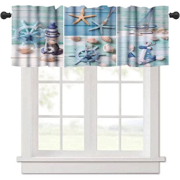 Nautical Curtain Valance for Windows Living Room Kitchen Farmhouse, Hawaiian Ocean Animal Teal Short Rod Pocket Tier Curtain Window Treatment, 1 Panel 54x18