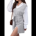 thumbnail image 3 of de Vestido Tipo Chaleco para Mujer, Suéter de Punto, Suéter con Cuello en V y Cintura Anudada Gris XL, 3 of 10