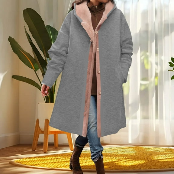 HOMBOM Winter Coats for Women Outerwear Hooded Sherpa Thermal Soft Button Womens Coats with Pockets Long