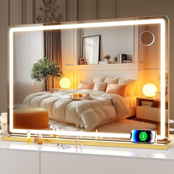 Vanity Mirror with Lights, 28" x 20" LED Makeup Mirror, Lighted Makeup Mirror with Dimmable 3 Modes, Touch Screen Control Vanity Mirror Square Gold