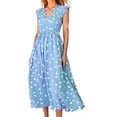 thumbnail image 1 of Robes Décontractées pour Femmes à Col en V à Pois à Volants Sans Manches Robe d'Été Plissée Fluide Plage Vacances Été Longue Robe, 1 of 6