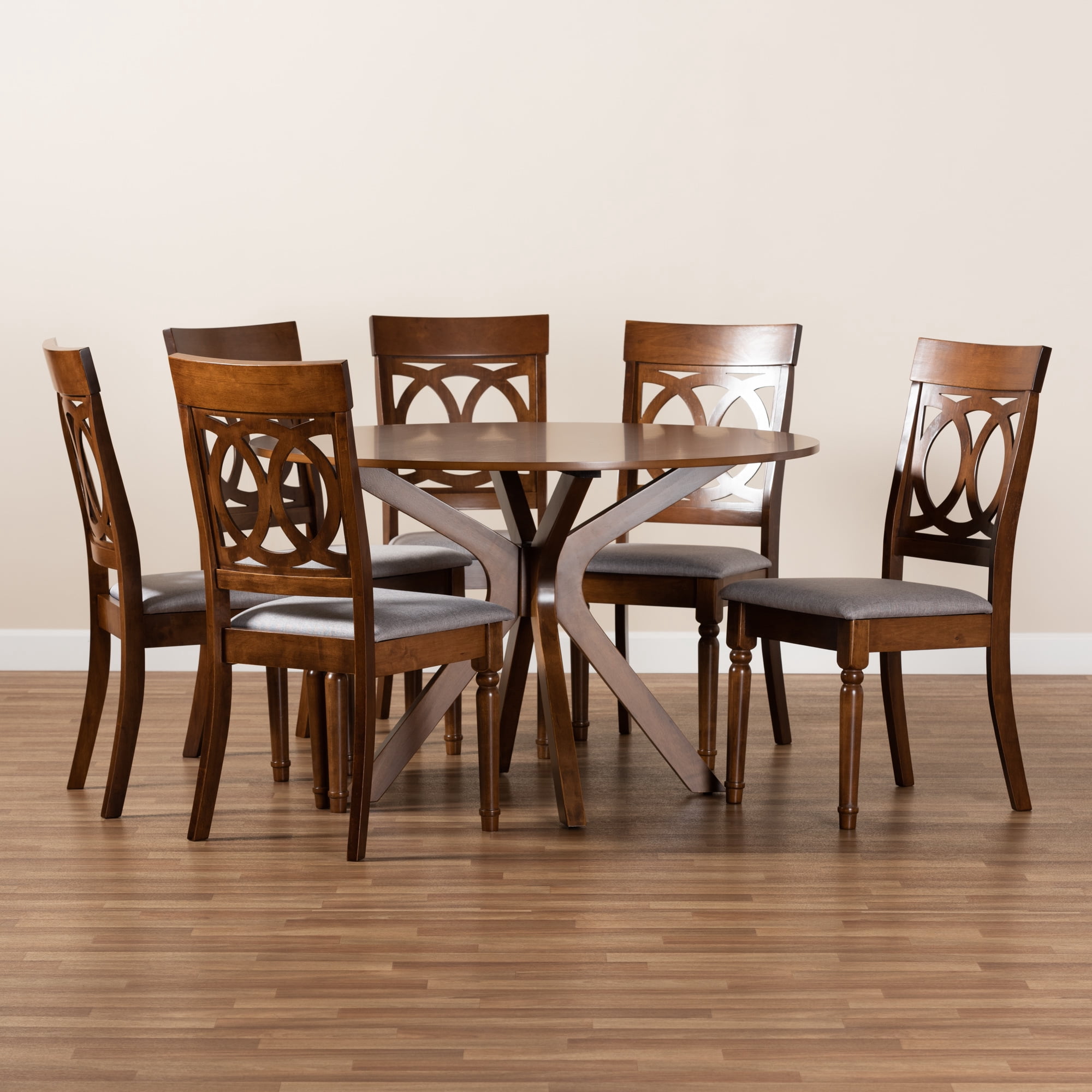 Baxton Studio Jessie Modern and Contemporary Grey Fabric Upholstered and Walnut Brown Finished Wood 7-Piece Dining Set