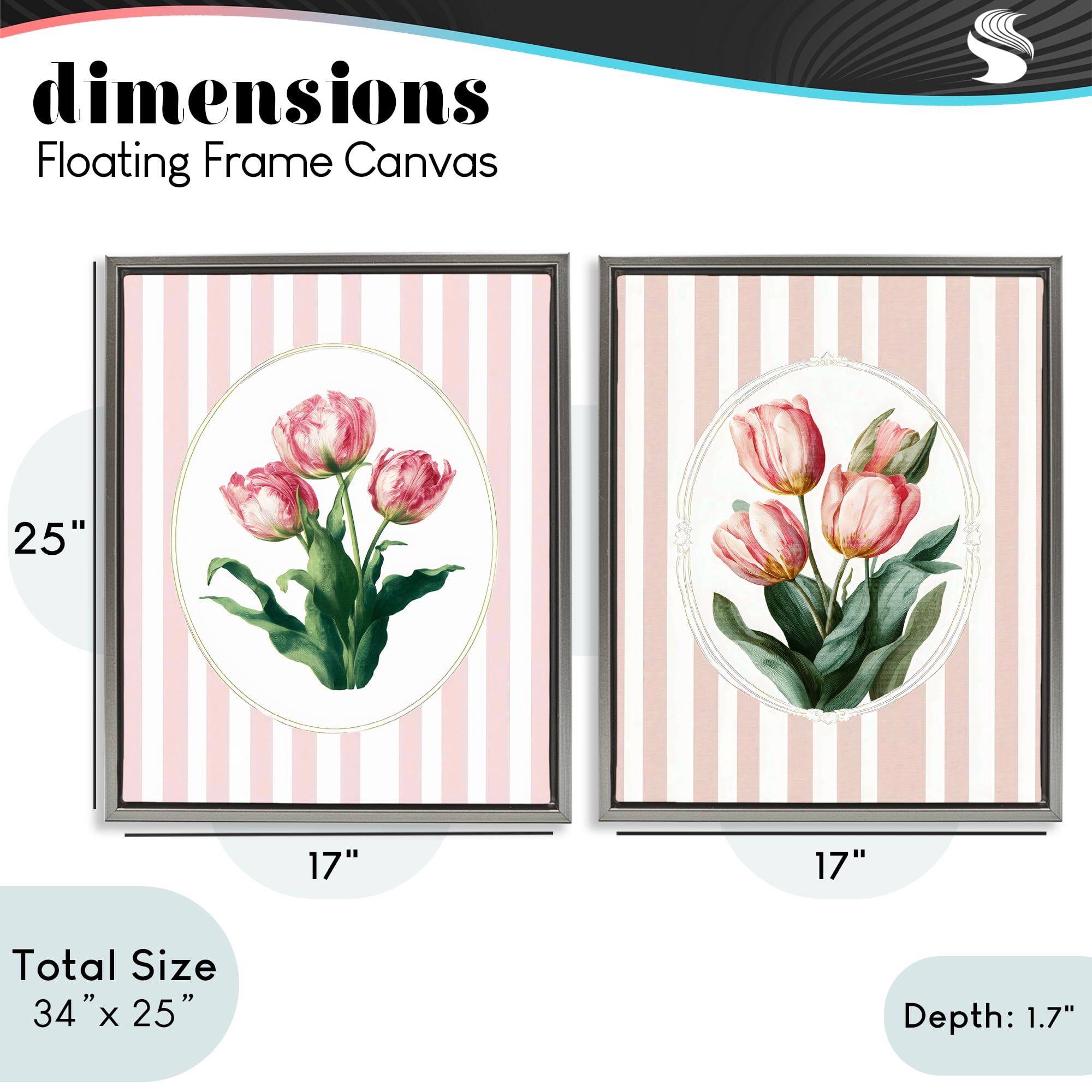 Stupell Industries Blush Tulips on Stripes 2 Piece Gray Framed Floater Canvas Set, design by Ink Drop Loft