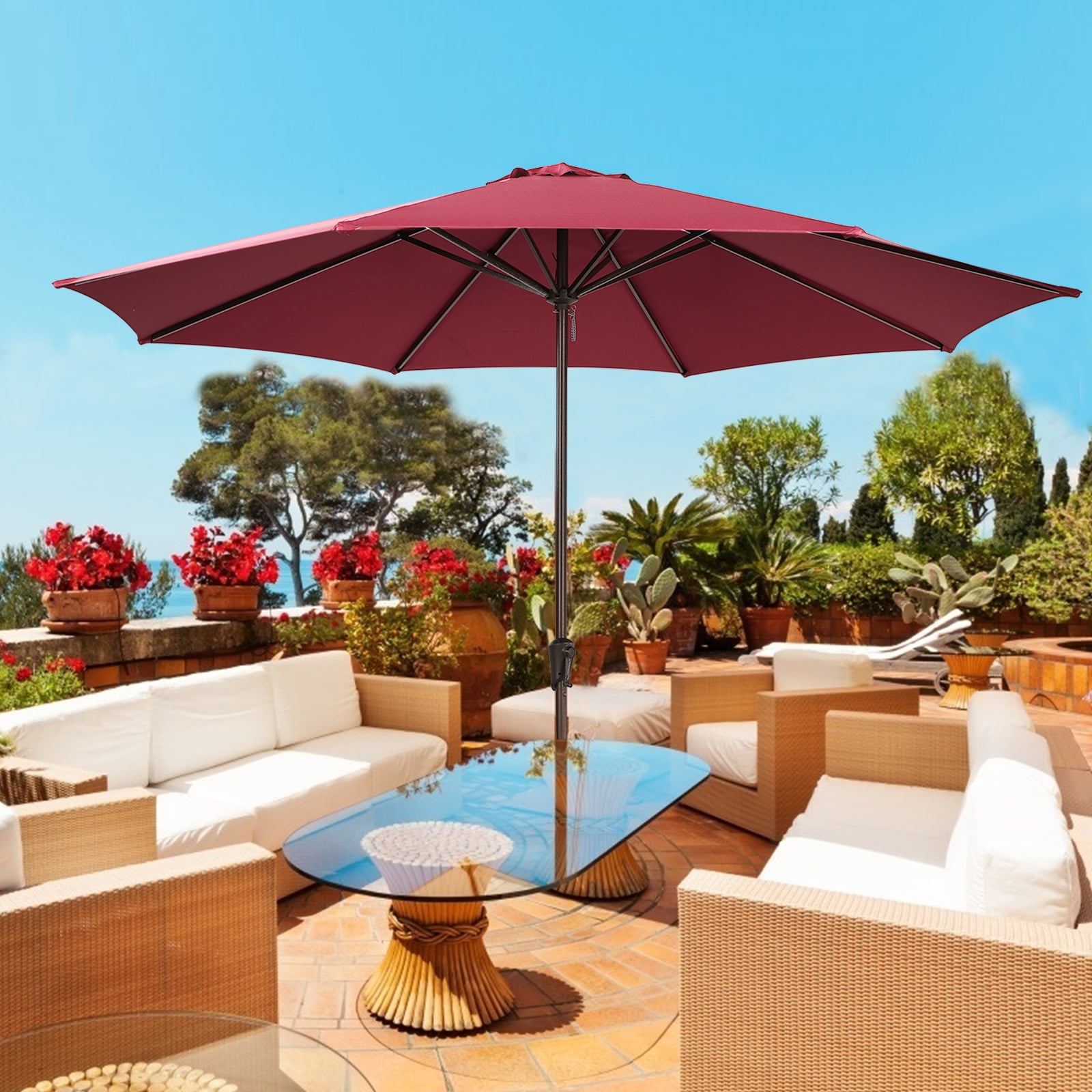 11' Patio Umbrella, Outdoor Table Market Large Umbrella with 8 Steel Ribs and Crank, Dark Red