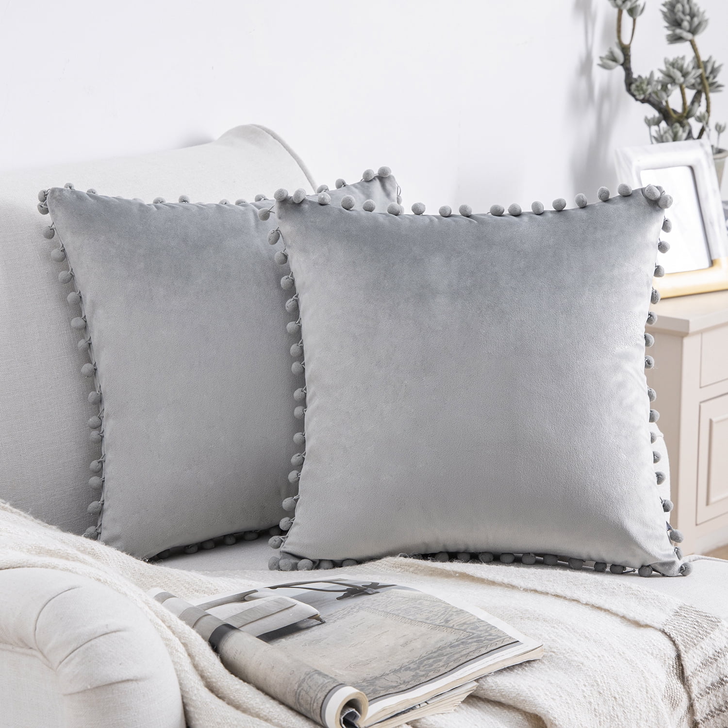 Phantoscope Silky Velvet Pom Pom 18" x 18" Light Gray Decorative Throw Pillows with Inserts, 2 Pack