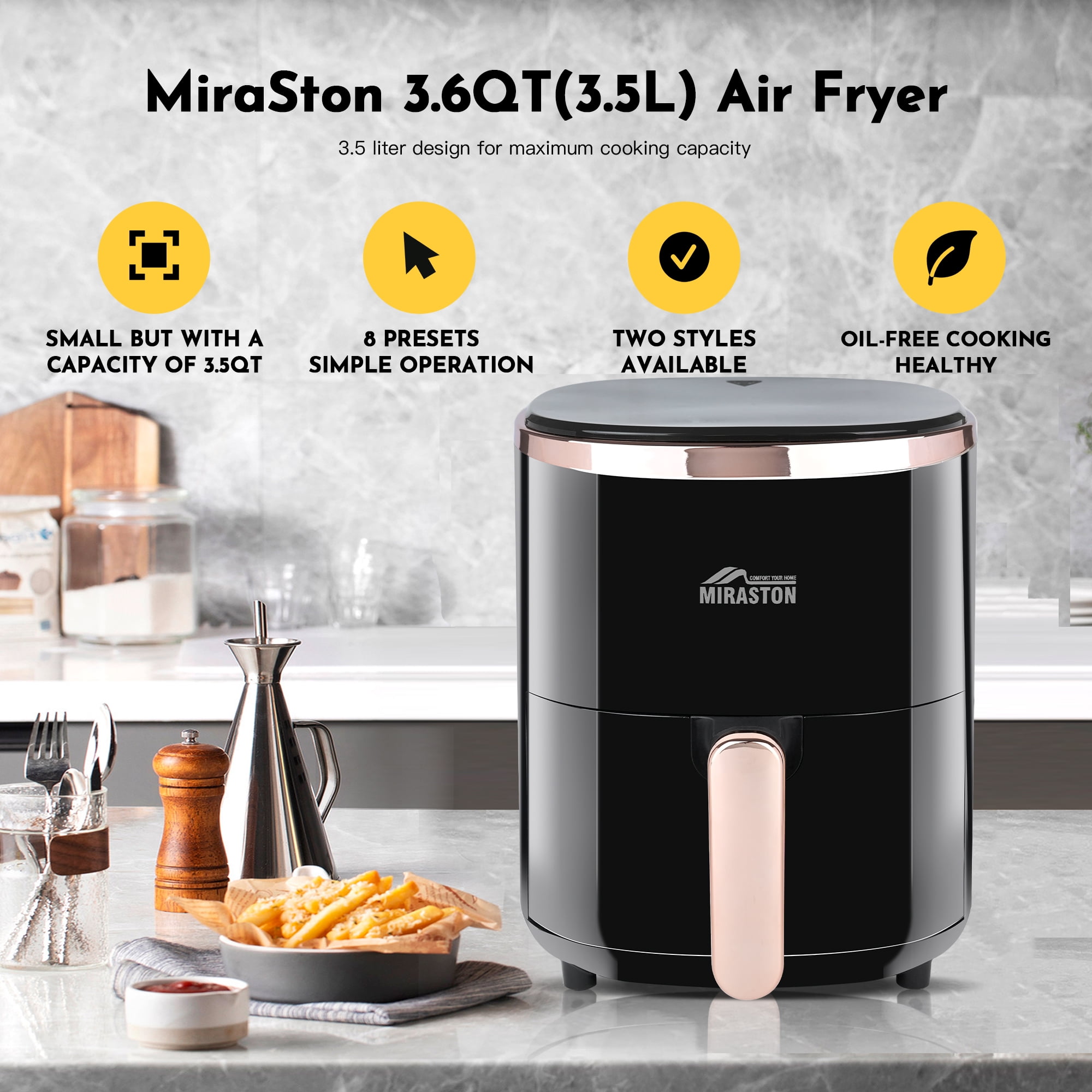 MIRASTON 3.6L Digital Air Fryer, Compact for Singles, Couples, Apartment, Dishwasher Safe, Black，1350W