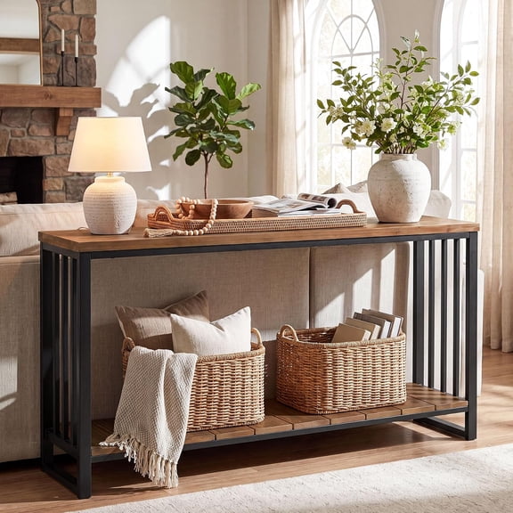 Finmind 55" Console Table, 2-Tier Solid Wood Entryway Table, Hallway, Living Room, Brown & Black