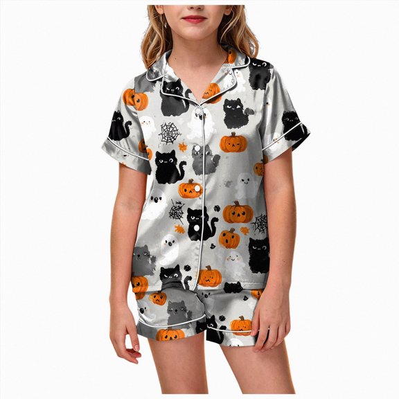TOWED22 Halloween Pjs Girl Fall Button Up 2 Piece Pajama Sets Cute Lounge Short Sleeve Pajamas With Shorts,12-13 Y