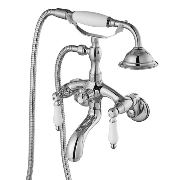 Robinet de Baignoire Mural Chromé, Ensemble de Robinet de Douche à Main avec Poignée Double Niveau et Adaptateur, Bras Oscillants Réglables
