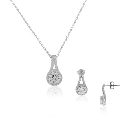 Silver Tone White Jewelry Set - 925 Sterling Silver Clear White CZ Classic Bridal Pendant Necklace Stud Drop Earrings Set, 18