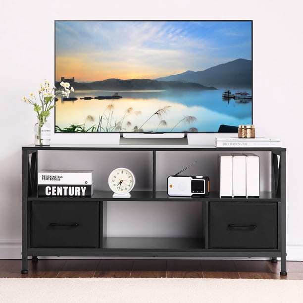 QinaQin Mueble para TV estilo farmhouse para pantallas de hasta 50 pulgadas, cómoda con amplio almacenamiento y 2 cajones de tela, ideal para sala o recámara
