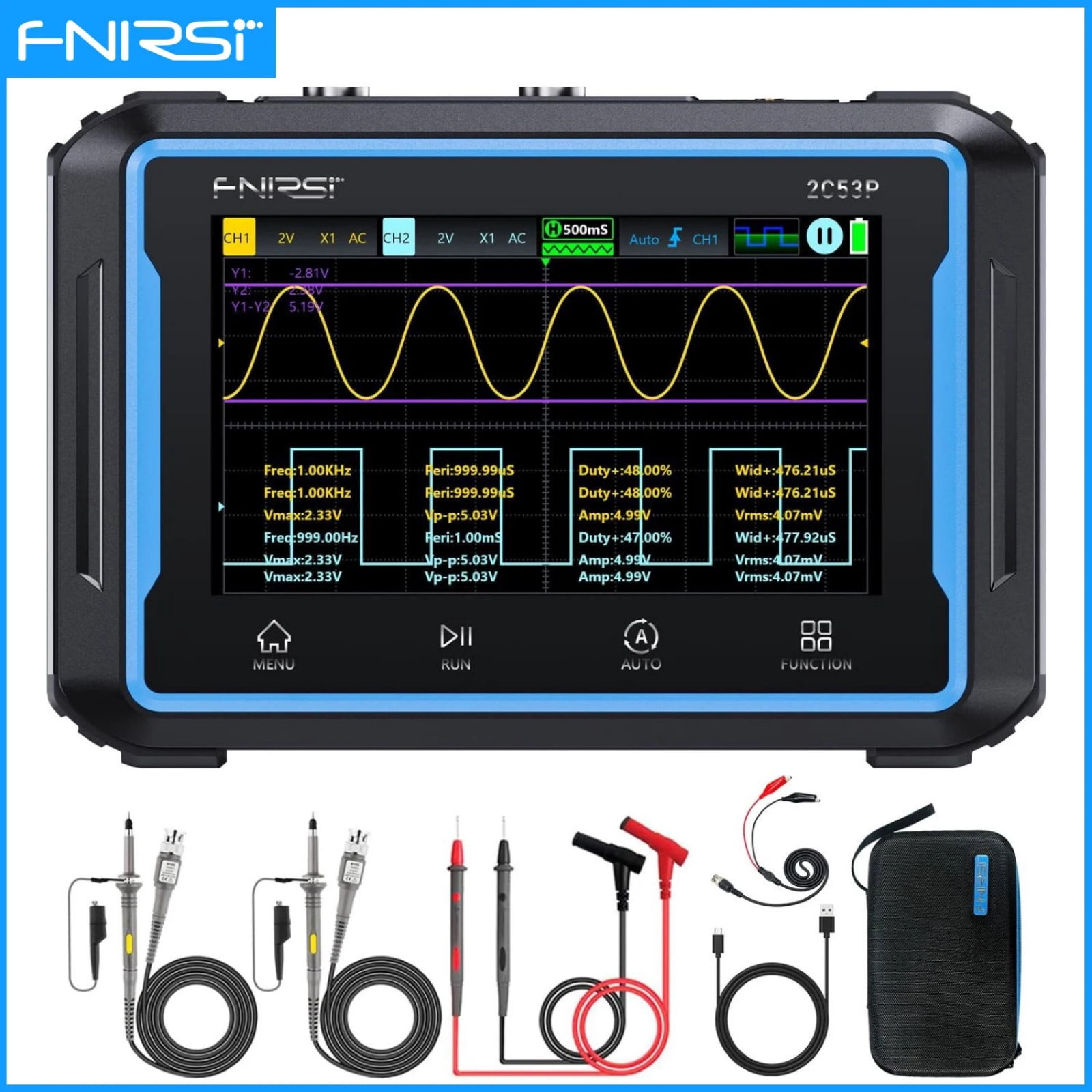 FNIRSI 2C53P 3-in-1 Handheld Oscilloscope, Multimeter & Signal Generator, 50MHz 250MSa/s Dual Channel Digital Oscilloscope with 4.3" Touch Screen