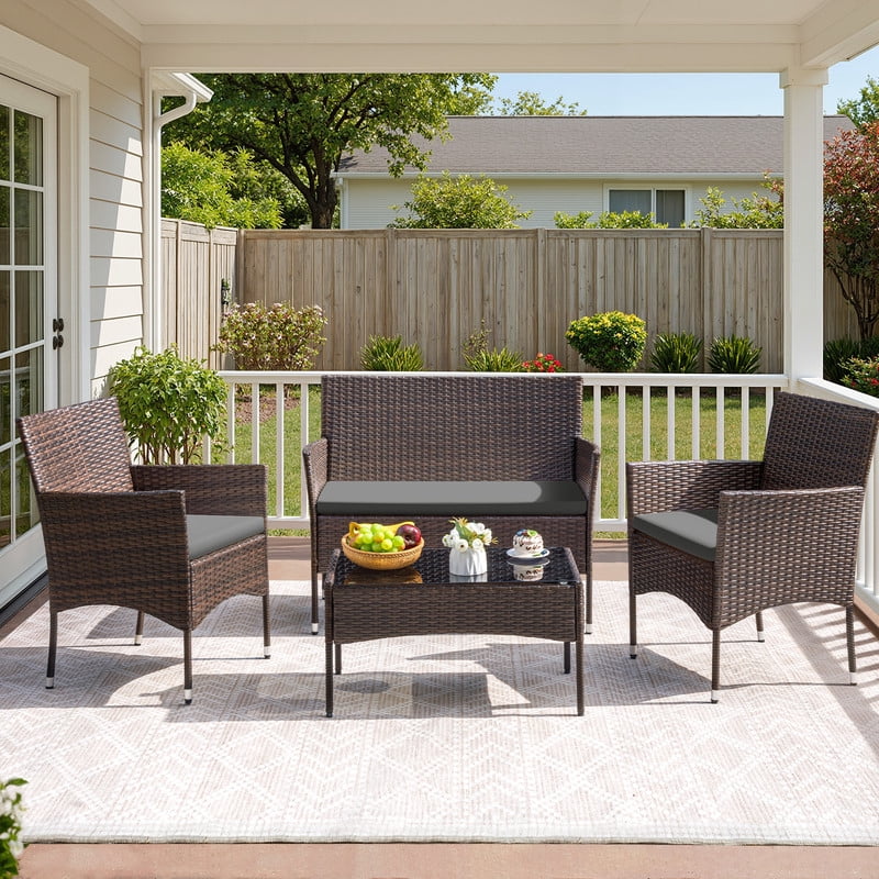 Vineego 4 4PCS Patio Furniture Set Outdoor Conversation Rattan Chairs with Cushion and Loveseat Glass Table for Garden Backyard Porch, Brown/ Gray