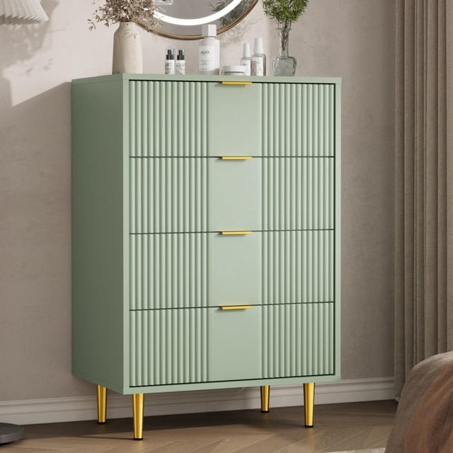 Commode Cannelée à 4 Tiroirs, Grand Commode Moderne en Bois avec Poignée en Métal, Commode pour Chambre, Salon, Couloir, Vert